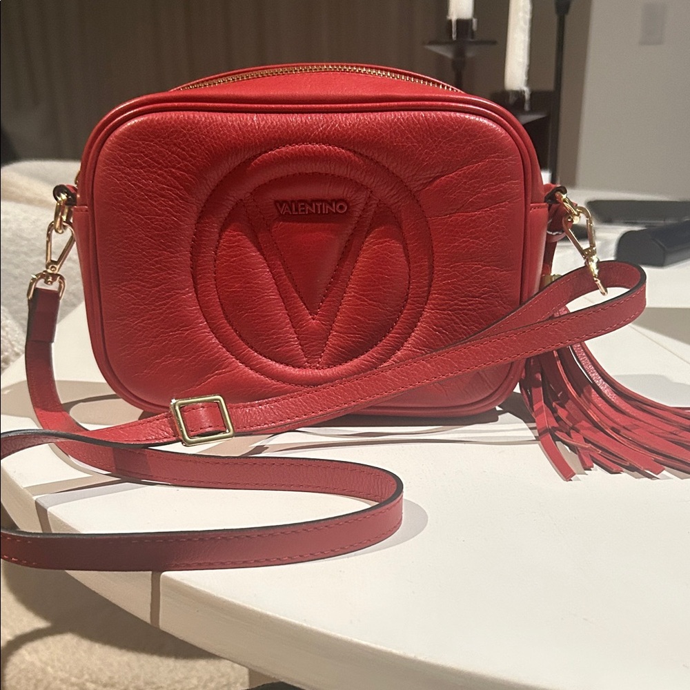 Valentino Red Leather V-Embossed Crossbody Bag with Tassel